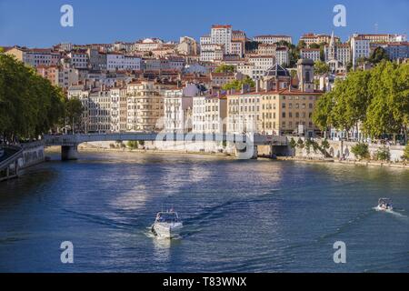 Frankreich, Rhone, Lyon, historische Stätte als Weltkulturerbe von der UNESCO, der Saone River mit Blick auf das Viertel Croix-Rousse, die Brücke Pont de La Feuillée Stockfoto