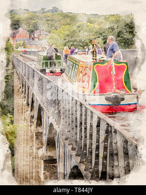 Aquarell von einem Foto einer 15-04 Die pontcysyllte Aquädukt Überfahrt auf dem Llangollen-kanal, North Wales, UK Stockfoto