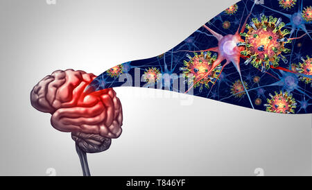 Meningitis und Enzephalitis virale Infektion im Gehirn als medizinisches Konzept mit 3D-Illustration Elemente. Stockfoto