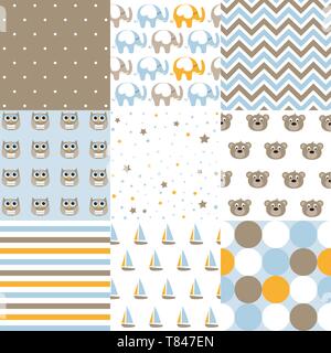 Set von baby boy Muster. Nahtlose Muster Vektor. Designelemente. Stock Vektor