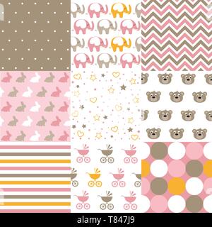 Set von baby girl Muster. Nahtlose Muster Vektor. Grafik Design Elemente Stock Vektor