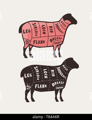 Schneiden von Fleisch, Lamm. Plakat Metzger schema und schema, Vector Illustration Stock Vektor