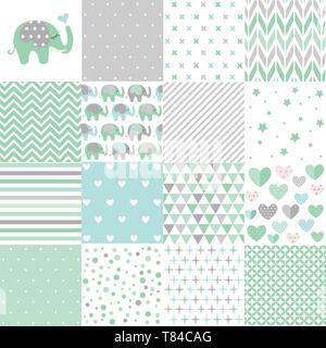Set von baby Muster Dusche. Nahtlose Muster Vektor. Baby Elephant Vektor einrichten. Grafik Design Elemente Stock Vektor