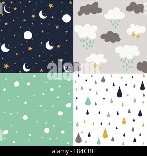 Vector Abbildung: nahtlose Muster Hintergrund mit Mond, Sterne, Regen, Schneeflocken und Cloud eingestellt Stock Vektor