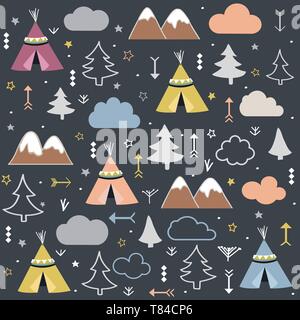 Wild & Free Teepees Bäume Cloud Muster Stock Vektor