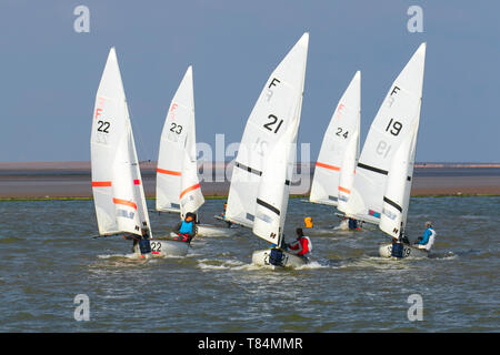 Yacht Racing in West Kirby, Liverpool, Großbritannien. Mai 2019. British Open Team Racing Championships Trophy Sailing's Premier League „The Wilson Trophy“ 200. Die maximale Anzahl an Rennteams wurde auf 36 erhöht. Die Veranstaltung 2019 umfasst 5 amerikanische Teams, 2 irische Mannschaften, 1 australisches Boot und ihr Debüt Team Austria. 27 britische Teams runden das Feld ab, darunter der Titelverteidiger, die West Kirby Hawks. Die Gewinner sind auch West Exempt, Royal Forth Hoosiers und Birdham Bandits. Stockfoto