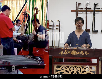 (190511) - Bangkok, 11. Mai 2019 (Xinhua) - Kombinierte Foto zeigt Sanchai Studenten in Bangkok, Thailand, 30. April 2019 (L) und Sanchai spielen chinesische Musikinstrument Yangqin mit seinen Freunden von 'Tianxian' Band in einem Klassenzimmer in Huachiew Chalermprakiet University in Bangkok, Thailand, 10. März 2019. Thai Band 'Tianxian', im wahrsten Sinne des Wortes himmlischen Streichern" bestand aus mehreren Thais die verrückt über chinesische Musikinstrumente sind. Seltsam genug, jedoch keiner von ihnen spricht fließend Chinesisch. In der thailändischen Gesellschaft, wo die westlichen Musikinstrumente dominant, eine Band fea Stockfoto