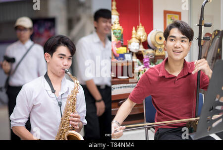 (190511) - Bangkok, 11. Mai 2019 (Xinhua) - Kombinierte Foto zeigt Pakkawat Saxophon in seiner Universität in Bangkok, Thailand (L) und Pakkawat spielen der Chinese Musical instrument Erhu mit seinen Freunden von Tianxian Band in einem Klassenzimmer in Huachiew Chalermprakiet University in Bangkok, Thailand, 10. März 2019. Thai Band 'Tianxian', im wahrsten Sinne des Wortes himmlischen Streichern" bestand aus mehreren Thais die verrückt über chinesische Musikinstrumente sind. Seltsam genug, jedoch keiner von ihnen spricht fließend Chinesisch. In der thailändischen Gesellschaft, wo die westlichen Musikinstrumente dominant, ein b Stockfoto