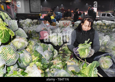 Qingdao, China Provinz Shandong. 12 Apr, 2019. Arbeitnehmer Blumenkohl in Qingdao, einem wichtigen pflanzlichen Basis in der ostchinesischen Provinz Shandong, 12. April 2019 verkauft werden. Credit: Li Ziheng/Xinhua/Alamy leben Nachrichten Stockfoto