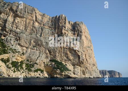 Schiere Kalkfelsen am Capo di Monte Santu, Nationalpark Gennargentu, Golf von Orosei, in der Nähe von Baunei, Sardinien, Juni 2018. Stockfoto