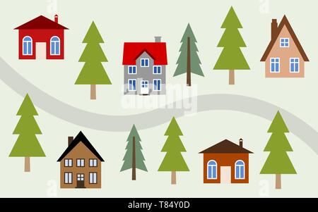 Cartoon Dorf Illustration - niedliche Häuser entlang der Straße. Stock Vektor