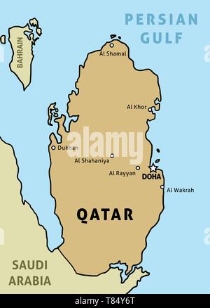 Katar map. Überblick Abbildung Land Karte mit den wichtigsten Städten. Stock Vektor
