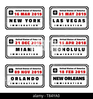 USA Vektor Reisepass Briefmarken Sammlung: New York, Las Vegas, Miami, Honolulu, Orlando und New Orleans. Stock Vektor