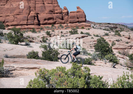 Mountainbikerin, die mit ihrem fetten Reifenrad auf dem Slickrock im malerischen Moab, Utah, USA, 3. Mai 2019 fährt Stockfoto