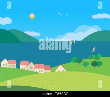 Landschaft mit Dorf ländliche Häuser am Meer Cartoon Stock Vektor