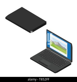 Geöffnet und Geschlossen für Laptops mit Berg Querformat Sammlung isometrische Ansicht auf weißem Hintergrund Stock Vektor