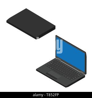 Geöffnet und Laptops Sammlung isometrische Ansicht auf weißem Hintergrund geschlossen Stock Vektor