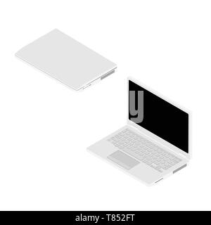Geöffnet und Laptops Sammlung isometrische Ansicht auf weißem Hintergrund geschlossen Stock Vektor