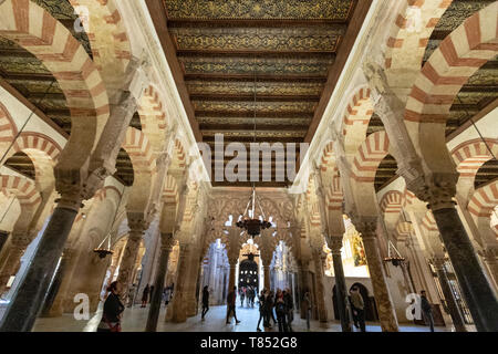 Arkaden hypostyle Halle mit 856 Spalten von Jaspis, Onyx, Marmor, Granit und Porphyr Moschee - Kathedrale von Córdoba, Mezquita Cordoba, Andalusien, Spanien Stockfoto