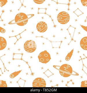 Die nahtlose Vektor Muster mit Sternbilder, Planeten, Saturn, Kometen. Die Erforschung des Weltraums. Die Astronomie. Wissenschaft. Design für Astronomie Apps, Websites, Drucken Stock Vektor
