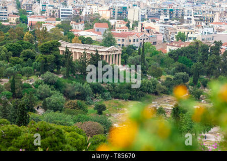 Blick auf den Tempel des Hephaistos von der Akropolis, Athen, Griechenland, Erbe der antiken Stockfoto