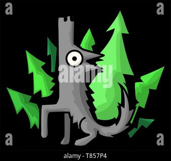 Wolf heult Holz lustige Cartoon schwarz, Vector Illustration, horizontal Stock Vektor