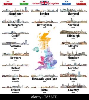 Vereinigtes Königreich Städte Skylines Symbole. Hoch detaillierte Karte von Großbritannien Stock Vektor