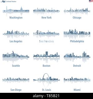 United States Städte Skylines in Hellblau Farbpalette mit Wasser Reflexionen. Stock Vektor