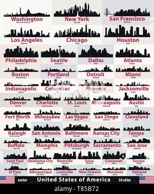 Vektor einrichten der Vereinigten Staaten Städte Skylines Silhouetten Stock Vektor