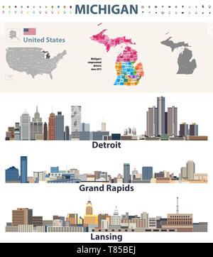 Michigan's Kongreßbezirke Karte mit Kapital und größere Städte Skylines von Michigan. Vector Illustration Stock Vektor