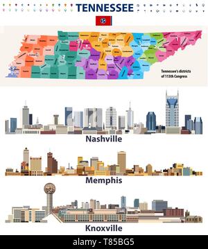 Vektor Kongreßbezirke Karte und größere Städte abstrakte Skylines von Tennessee State Stock Vektor