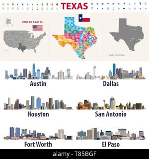 'S Texas Vektor hoch detaillierte Karte der Grafschaften Formationen. Größten Städte Skylines von Texas Stock Vektor