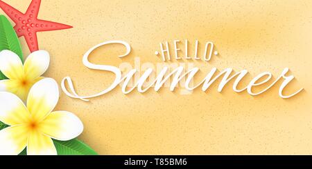 Hallo Sommer Web Banner. Tropische plumeria Blumen und Seesterne am Strand sand. Festlicher Sommer Abdeckung für Ihr Design. Vector Illustration. EPS 10. Stock Vektor