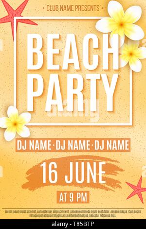 Festliche Flyer für ein Beach Party. Einladungsflyer. Tropische plumeria Blumen und Seesterne am Strand sand. Die Namen der Night Club und DJ. Vektor il Stock Vektor