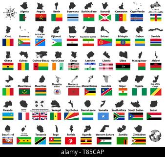 Alle vector hoch detaillierte Karten und Flaggen der afrikanischen Länder in alphabetischer Reihenfolge Stock Vektor