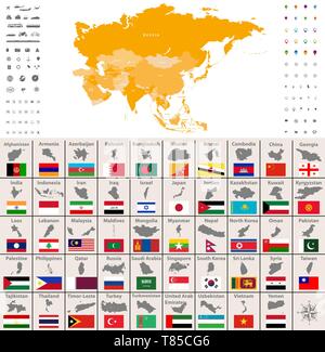 Vektorkarten und Flaggen aller asiatischen Länder in alphabetischer Reihenfolge Stock Vektor
