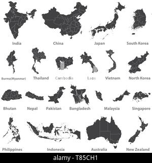 Hoch detaillierte Landkarten der asiatischen Länder und Australien und neue Zea land Stock Vektor