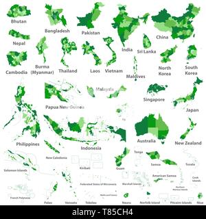 Asien, Australien und Ozeanien Länder Karten Stock Vektor