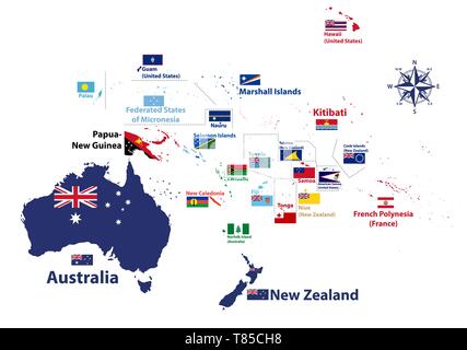 Australien und Ozeanien Region Vektor hoch detaillierte Karte mit den Namen und Nationale Fahnen Stock Vektor