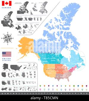 United States Census Bureau Regionen ans Divisionen Karte; kanadischen Regionen, Provinzen und Territorien. Stock Vektor