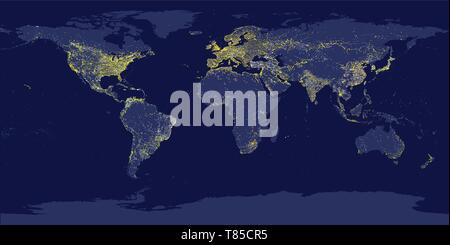 Welt die Lichter der Stadt. Nacht der Erde vom Weltraum aus ansehen. Vector Illustration Stock Vektor