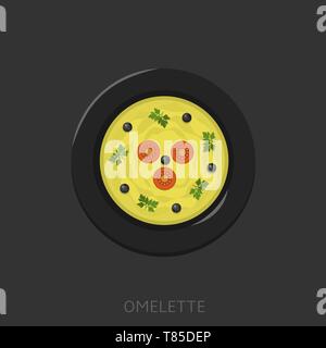 Omelette. Spiegeleier mit Tomaten und Oliven in einer schwarzen Platte Draufsicht Vector Illustration Stock Vektor