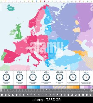 Europa Zeitzonen hoch detaillierte Karte Stock Vektor