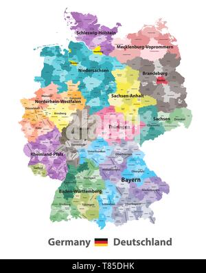 Deutschland hoch detaillierte Vektorkarte (farbige durch Staaten und Landkreisen Stock Vektor
