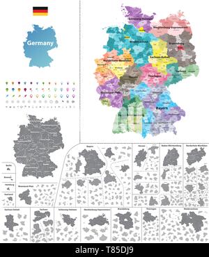 Deutschland hoch detaillierte Vektorkarte (farbige durch Staaten und Landkreisen Stock Vektor