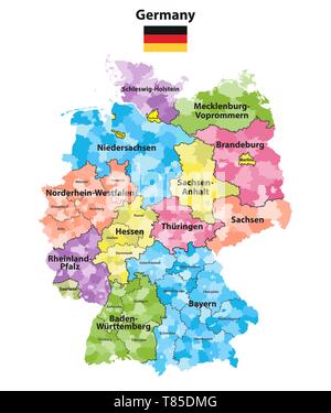 Deutschland hoch detaillierte Vektorkarte (farbige durch Staaten und Landkreisen Stock Vektor