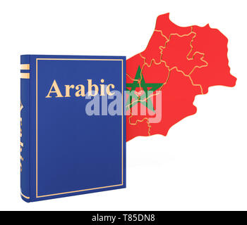 Arabische Sprache Buch mit Karte von Marokko, 3D-Rendering auf weißem Hintergrund Stockfoto