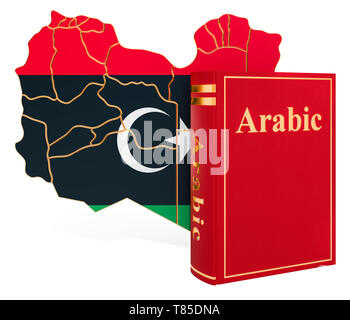 Arabische Sprache Buch mit Karte von Libyen, 3D-Rendering auf weißem Hintergrund Stockfoto