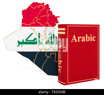 Arabische Sprache Buch mit Karte von Irak, 3D-Rendering auf weißem Hintergrund Stockfoto