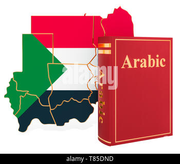 Arabische Sprache Buch mit Karte von Sudan, 3D-Rendering auf weißem Hintergrund Stockfoto